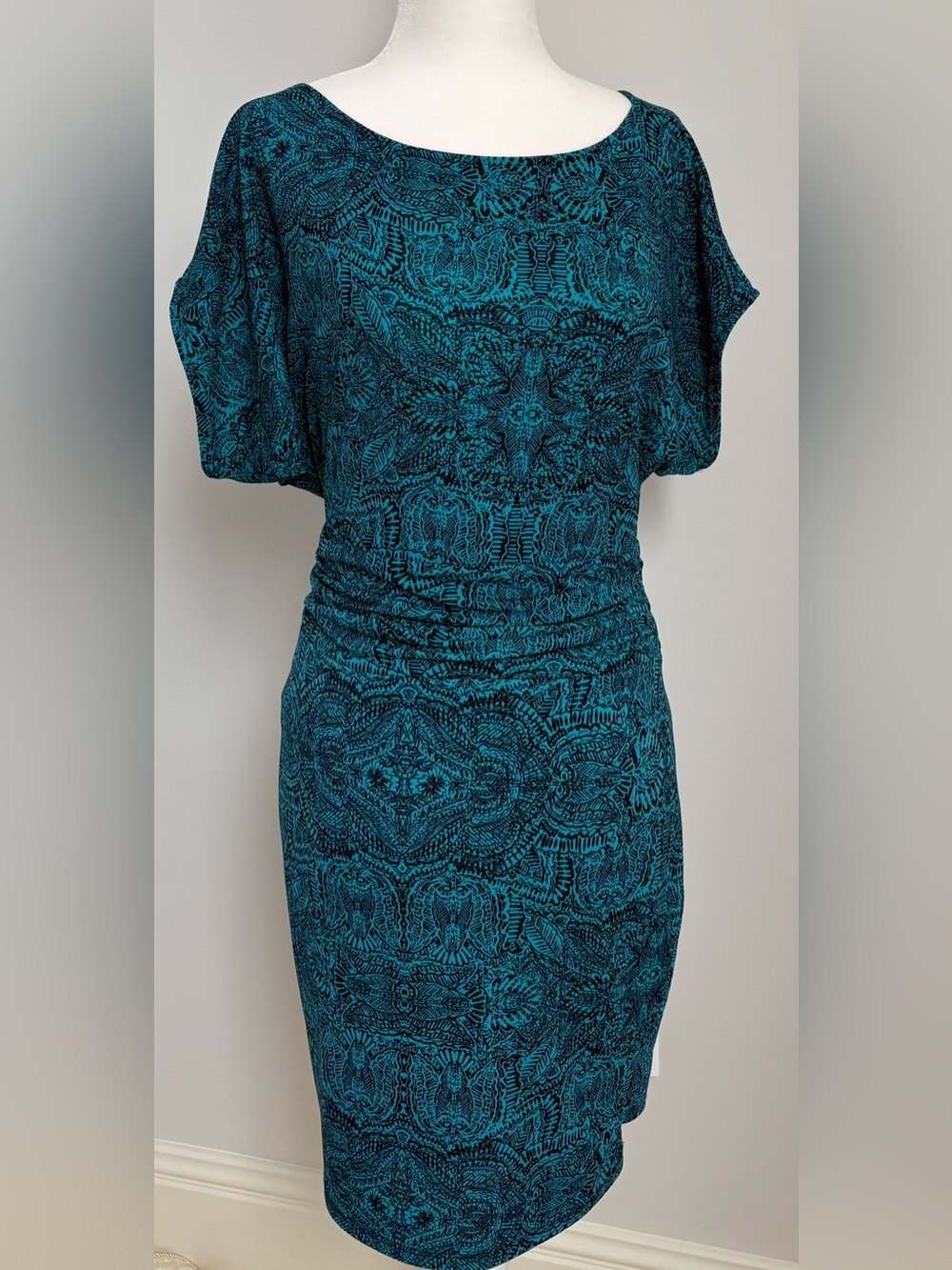 Ann Taylor Teal and Black Patterned Midi Dress